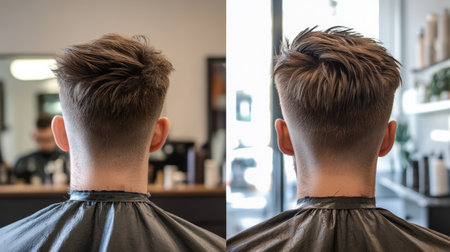 Captivating before and after of a fresh haircut in a barbershop. The image showcases a stylish and clean back view of a young man receiving grooming.の素材