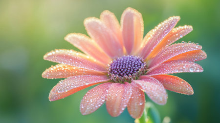 A close-up of a stunning flower adorned with dew drops, capturing nature's beauty. The soft pastel colors and gentle light create a serene atmosphere.の素材