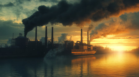 A stunning industrial sunset scene with smoke billowing from factories, reflecting on calm river waters. The image captures the beauty and challenges of industrial environments.の素材