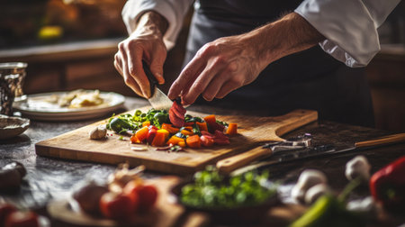 A chef skillfully chops vibrant vegetables on a wooden cutting board, showcasing the art of cooking in a cozy kitchen setting. Perfect for culinary themes.の素材