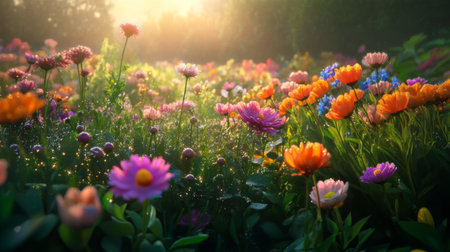 A picturesque field filled with a variety of colorful flowers, illuminated by the soft morning light. This serene scene captures the beauty of nature's blooms.の素材