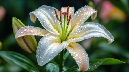 A stunning white lily adorned with glistening dew drops, showcasing its delicate petals. This image captures the essence of nature's beauty and freshness.の素材