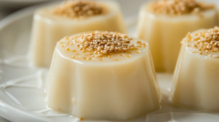 A delightful creamy dessert topped with toasted sesame seeds, served on a white plate. Perfect for special occasions or a sweet treat at home. Enjoy the smooth texture and rich flavor!の素材