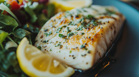 A beautifully presented grilled fish fillet served with fresh salad and lemon slices, perfect for healthy dining enthusiasts and food lovers alike.の素材