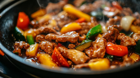 A close-up shot of colorful stir-fried vegetables and meat sizzling in a pan, showcasing vibrant ingredients and mouth-watering appeal for food lovers.の素材