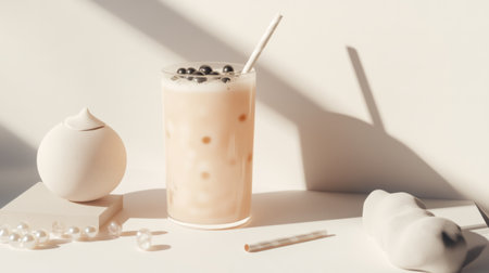 A creamy beverage with bubbles sits elegantly on a minimalist table. The soft shadows and natural light create a serene atmosphere, perfect for relaxation and enjoyment.の素材