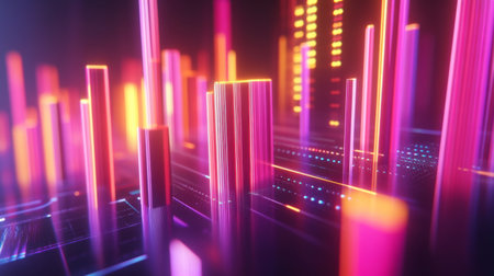 Explore a vibrant digital abstract background featuring glowing columns and lines, perfect for technology and creative projects, evoking a sense of energy and innovation.の素材
