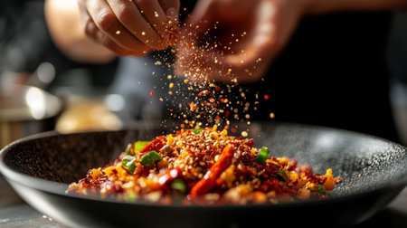 A close-up view of a chef sprinkling spices over a vibrant dish, highlighting the art of cooking and the use of fresh ingredients.の素材