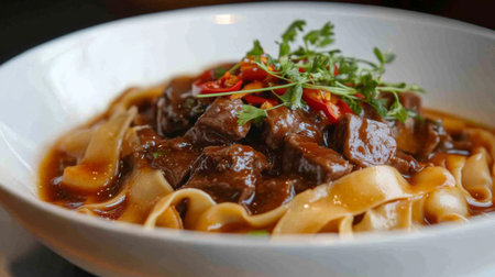 A delectable beef stew served over soft noodles, garnished with fresh herbs and chili, perfect for a cozy dinner. Enjoy this savory comfort food!の素材
