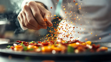 A chef's hand sprinkles vibrant spices over fresh ingredients, showcasing culinary artistry in an inviting kitchen setting. Perfect for food enthusiasts!の素材