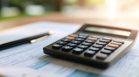 A close-up of a calculator placed on financial paperwork, highlighting the importance of calculations in a business setting. The scene conveys organization and planning.の素材
