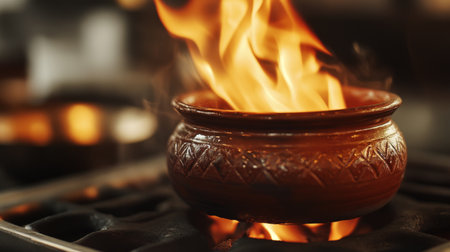 A vibrant flame rises from a traditional clay pot on a stove, showcasing the intense heat of cooking. This image captures the essence of culinary creativity and warmth.の素材