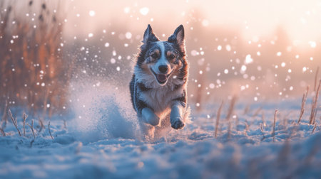 A joyful dog dashes through a snowy landscape, embodying the spirit of winter fun and adventure. Snowflakes dance around as it runs freely, showcasing the beauty of nature.の素材