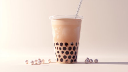 A visually appealing bubble tea with tapioca pearls, cup with straw, and soft colors. Perfect for showcasing trends in beverages and desserts.の素材