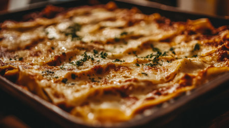 Indulge in this mouth-watering baked lasagna, featuring layers of cheese, pasta, and rich tomato sauce. Perfect for comforting dinners or special occasions.の素材