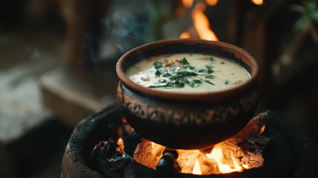 A rustic pot of freshly cooked soup simmers over open flames, filling the air with aromatic herbal scents. Perfect for showcasing traditional cooking methods.の素材