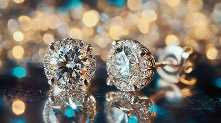 Stunning close-up of elegant diamond earrings against a sparkling background. Perfect for showcasing luxury, beauty, and exquisite fashion jewelry.の素材