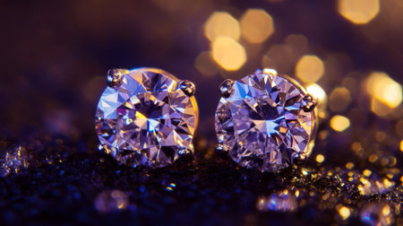 Stunning close-up of sparkling diamond earrings, showcasing their brilliance and intricate cuts against a blurred, colorful background, perfect for luxury themes.の素材