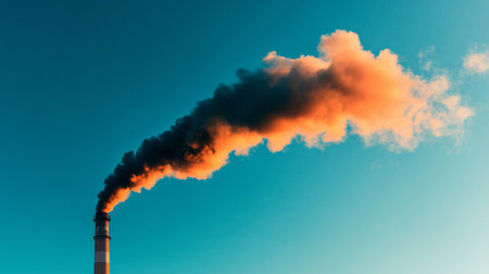 A striking image of smoke billowing from an industrial chimney, highlighting the effects of pollution on the environment against a clear blue sky.の素材