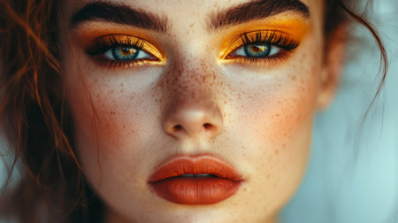 A close-up portrait showcasing vibrant makeup with bold eyes and rich lips. The combination of warm tones and stunning features creates an artistic beauty statement.の素材