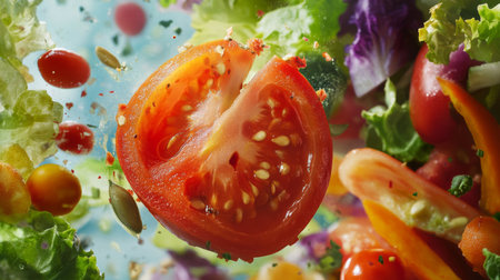 A dynamic shot of fresh vegetables, featuring a sliced tomato amidst a colorful salad. This image captures the essence of healthy eating and vibrant culinary appeal.の素材
