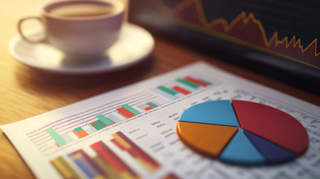 A cozy workspace featuring a cup of coffee alongside various business charts and a pie chart, perfect for depicting analysis and strategy.の素材