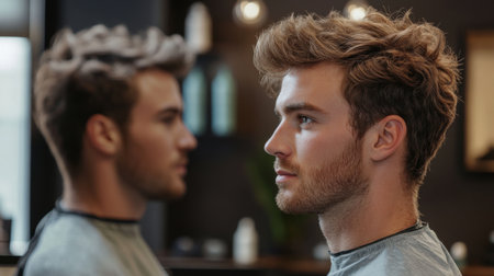 A young man showcases a stylish haircut in a modern barbershop. His profile is captured in a mirror, reflecting a trendy grooming experience.の素材