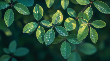 Close-up of fresh green leaves adorned with water droplets, capturing the essence of nature and tranquility. Ideal for themes of growth and renewal.の素材