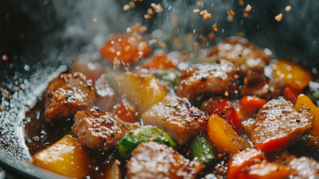 Vibrant stir-fried meat and colorful vegetables sizzling in a wok, creating a flavorful culinary experience. Perfect for showcasing delicious meal preparation.の素材