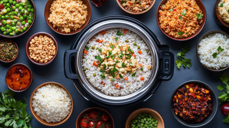 A vibrant overhead view of rice surrounded by a variety of fresh ingredients in bowls. Perfect for highlighting healthy cooking and meal prep.の素材