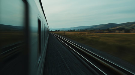 Capture the dynamic motion of a train speeding through a serene landscape under an overcast sky, showcasing the beauty of travel and exploration.の素材