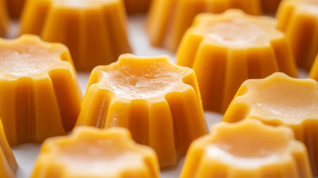This close-up image showcases delightful yellow gelatin desserts arranged on a white surface, highlighting their smooth texture and appealing shape.の素材