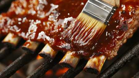 Close-up of glazed barbecue ribs on a grill, showcasing a brush applying sauce. This appetizing scene captures the essence of outdoor cooking and flavor.の素材