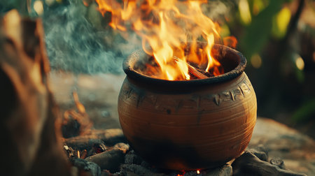 A traditional clay pot filled with vibrant flames and smoke, showcasing the art of outdoor cooking. Perfect for themes of culinary traditions and rustic experiences.の素材