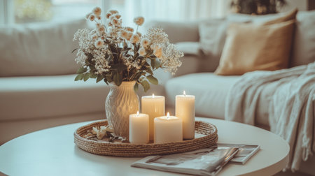 A cozy living room scene featuring lit candles and a vase of fresh flowers, creating a warm and inviting atmosphere perfect for relaxation and comfort.の素材