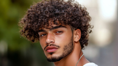 A striking portrait of a young man with curly hair, showcasing a confident expression against an urban background. Perfect for lifestyle and fashion themes.の素材