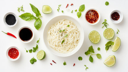 A beautifully arranged bowl of noodles surrounded by fresh herbs, lime, and spices. Perfect for food photography, culinary designs, and cooking inspiration.の素材