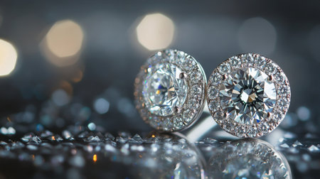 Stunning close-up of elegant diamond earrings with a sparkling background, showcasing their brilliance and luxury. Perfect for fashion and jewelry themes.の素材