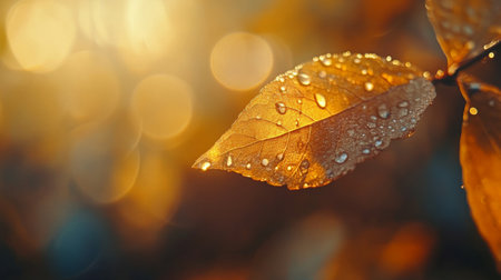 A close-up of a dewy leaf illuminated by warm sunlight. The soft bokeh effect enhances the serene atmosphere, highlighting the leaf's texture and droplets.の素材