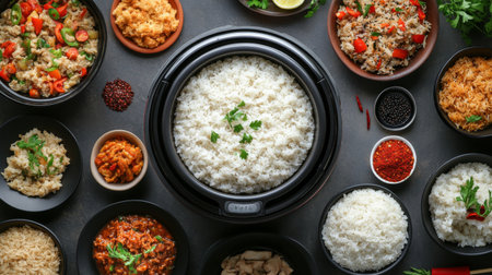 A beautiful spread of rice dishes served in various bowls, showcasing colorful ingredients and garnishes. Perfect for a family meal or special occasion.の素材