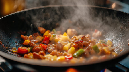 A vibrant stir-fry featuring tender chicken and colorful vegetables sizzling in a hot pan, releasing steam and enticing aromas, perfect for a flavorful meal.の素材