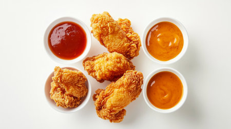 Enjoy a delicious arrangement of crispy fried chicken paired with flavorful dipping sauces on a clean white plate, perfect for any occasion.の素材