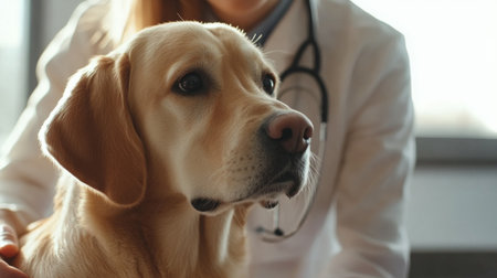 A caring veterinarian attends to a Labrador Retriever in a bright, welcoming clinic, highlighting the bond between pets and their healthcare providers.の素材
