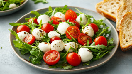 A vibrant salad featuring fresh arugula, cherry tomatoes, and mozzarella balls, served with a side of bread. Perfect for healthy meals or snacks.の素材