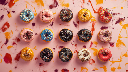 A vibrant assortment of freshly made donuts arranged beautifully. The colorful glazes and toppings create a joyful and appealing treat for any dessert lover.の素材