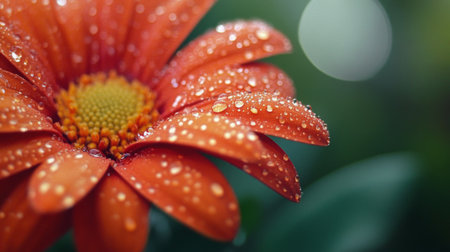 This close-up image captures a vibrant orange flower adorned with glistening raindrops. The fresh details highlight nature's beauty and serenity.の素材