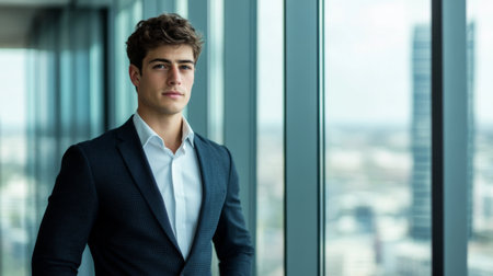 A confident young businessman stands in a modern office, showcasing professionalism and ambition. The city skyline is visible through large glass windows.の素材