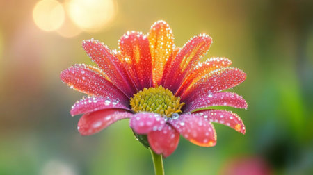 A stunning closeup of a pink flower adorned with dew droplets, set against a soft, natural background. Perfect for nature and beauty themes.の素材