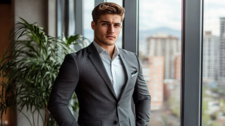A stylish young man in a tailored suit stands confidently in a modern office setting, showcasing professionalism and ambition against an urban backdrop.の素材