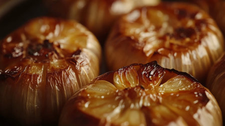 A close-up shot of roasted garlic bulbs showcasing their shiny, brown exterior. Ideal for food-related projects, cooking blogs, or recipe books.の素材